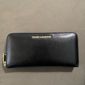 Saint Laurent Black Leather Zip Wallet with Gold Logo Hardware